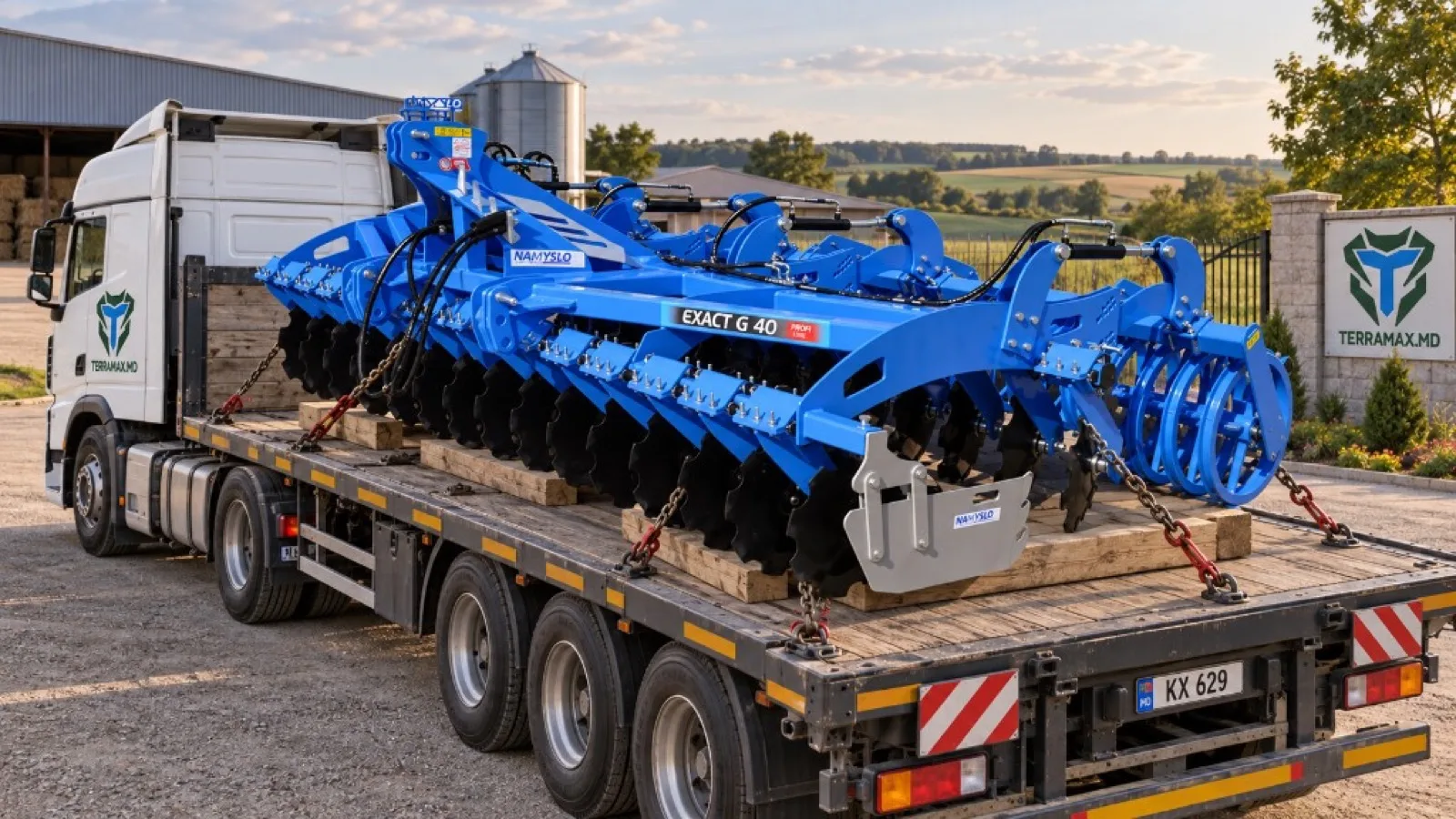Livrare Terramax: camion cu tractor și utilaj, agricultor și consultant se salută