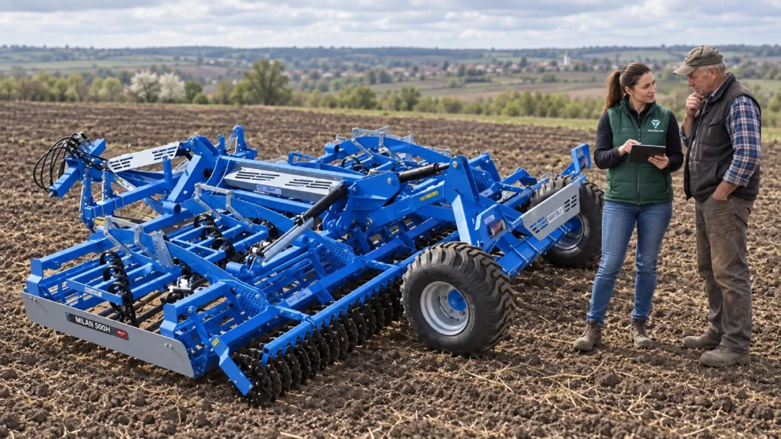 Tractor Terramax la lucru pe câmp la apus, cu semănătoare albastră