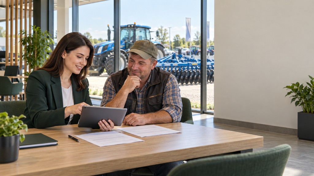 Consultanți Terramax discută oferta tehnică lângă utilaj agricol
